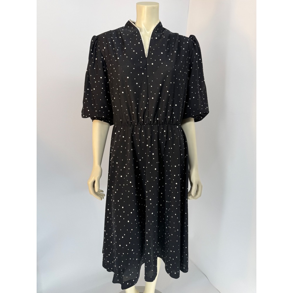 Vintage Handmade Black White Polka Dot 80s Does 40s Midi Dress Womens L
